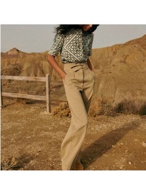 Sézane Lazaro Wide Leg Trousers Khaki Beige Womens Size 8 NWT Cotton